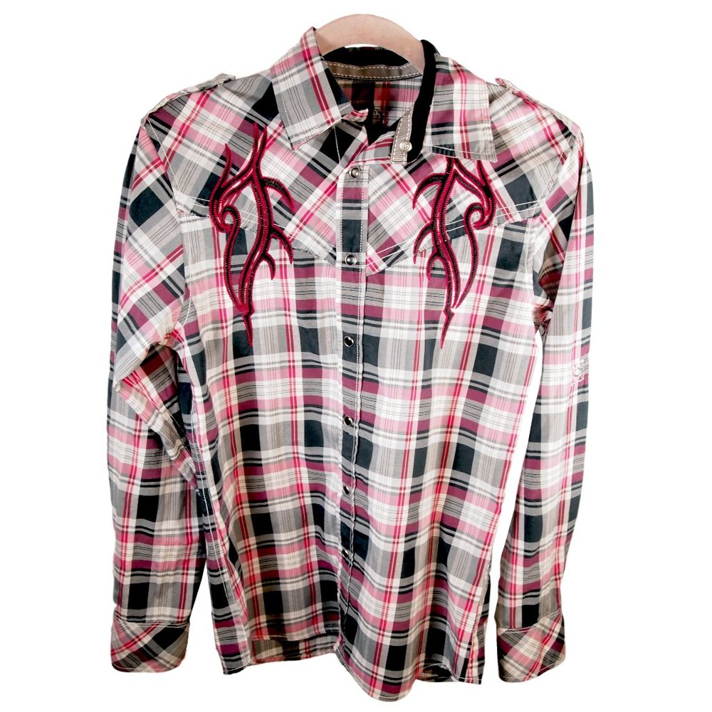 Ladies Western Shirt Black Red Plaid Embroidered